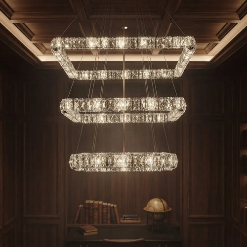 Lustre Aliança Quadrado 3 Anéis Gold Rose 60/40/20 Cm Led 127/220v Golde Rose